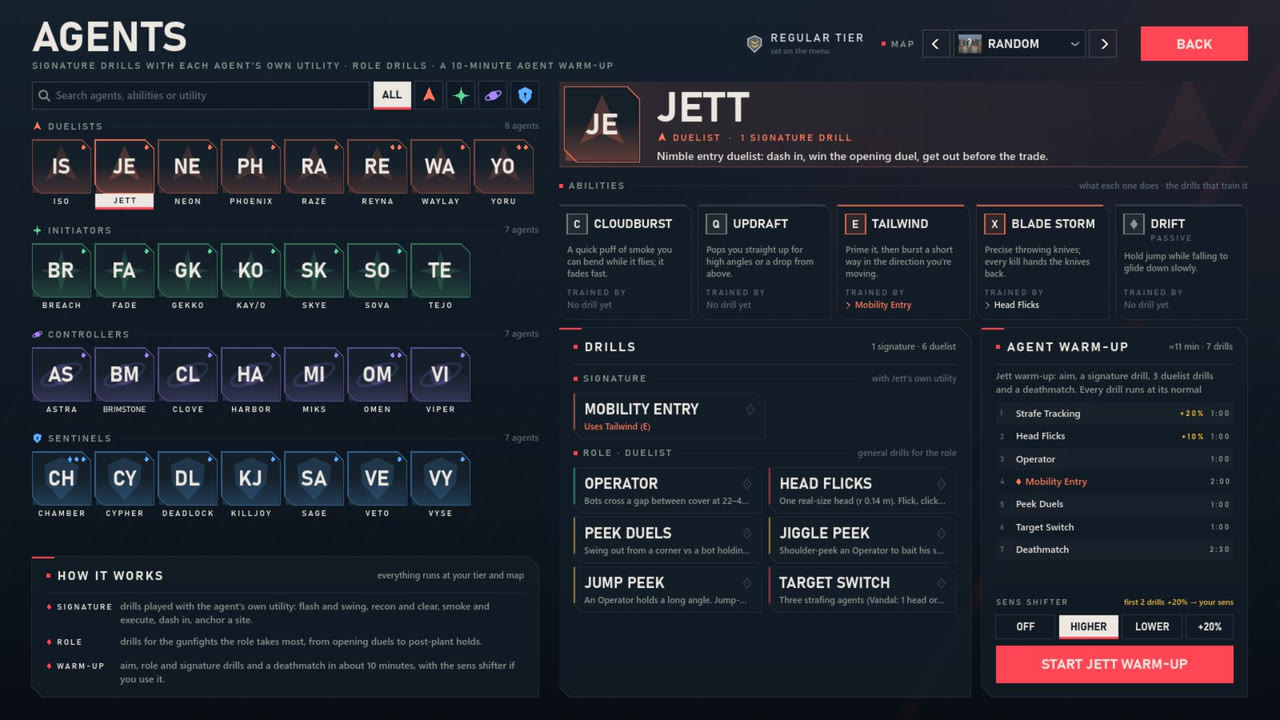 The Agents screen with all 29 agents grouped by role, and an agent drill played with that agent's own abilities.