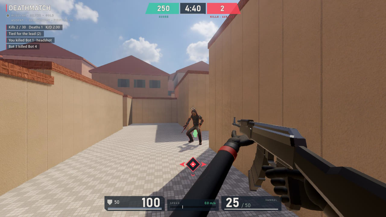 Deathmatch on a true-scale map against bots that roam, hunt and hold angles.