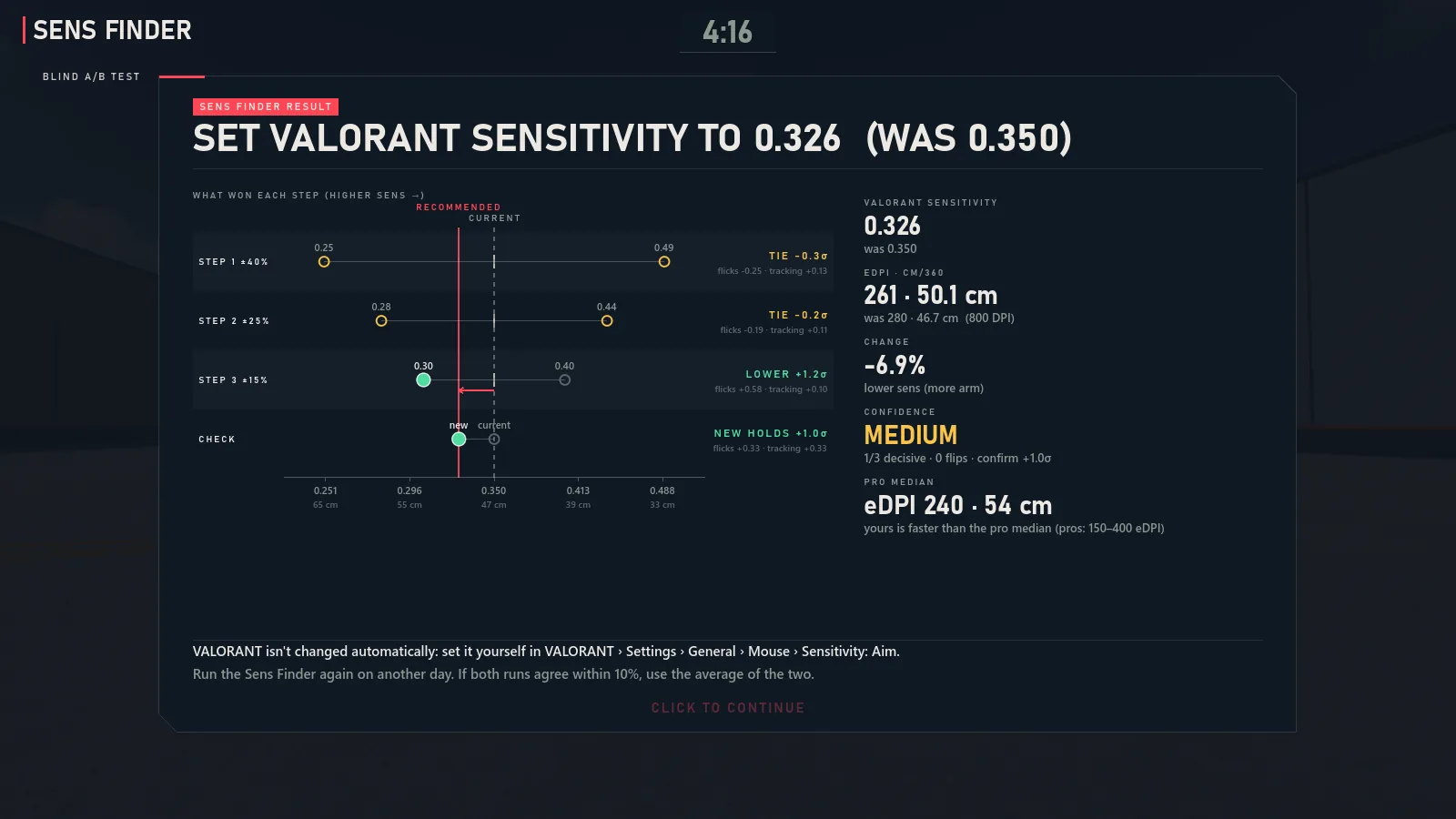 Sens Finder result: a recommended VALORANT sensitivity, eDPI and cm/360.